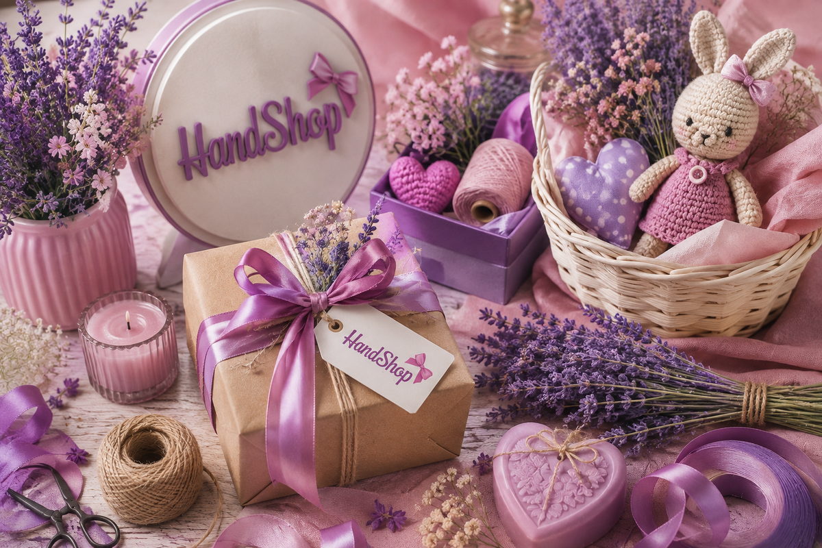 Подарунки ручної роботи Handshop: коробка з бантом, лаванда, вʼязана іграшка