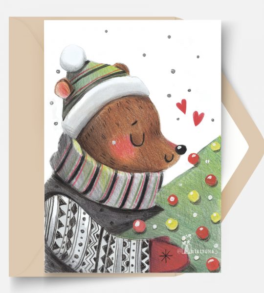 Авторская открытка с медведем новогодняя