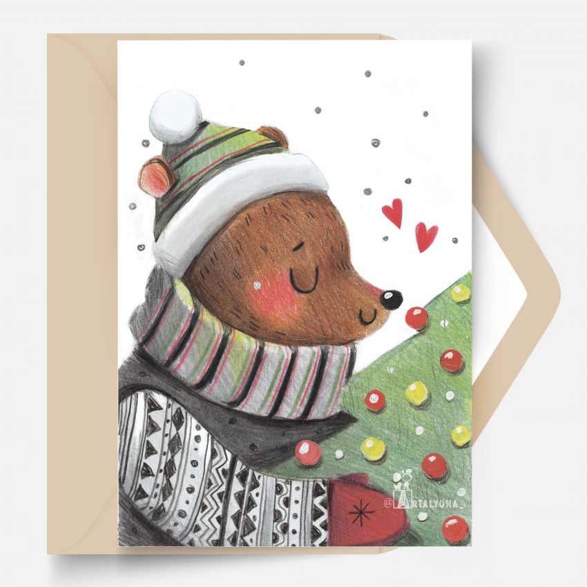 Авторская открытка с медведем новогодняя