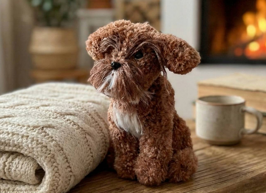 Сувенірна авторська іграшка в’язаний песик мальтипу: маленьке щастя, яке не потребує прогулянок