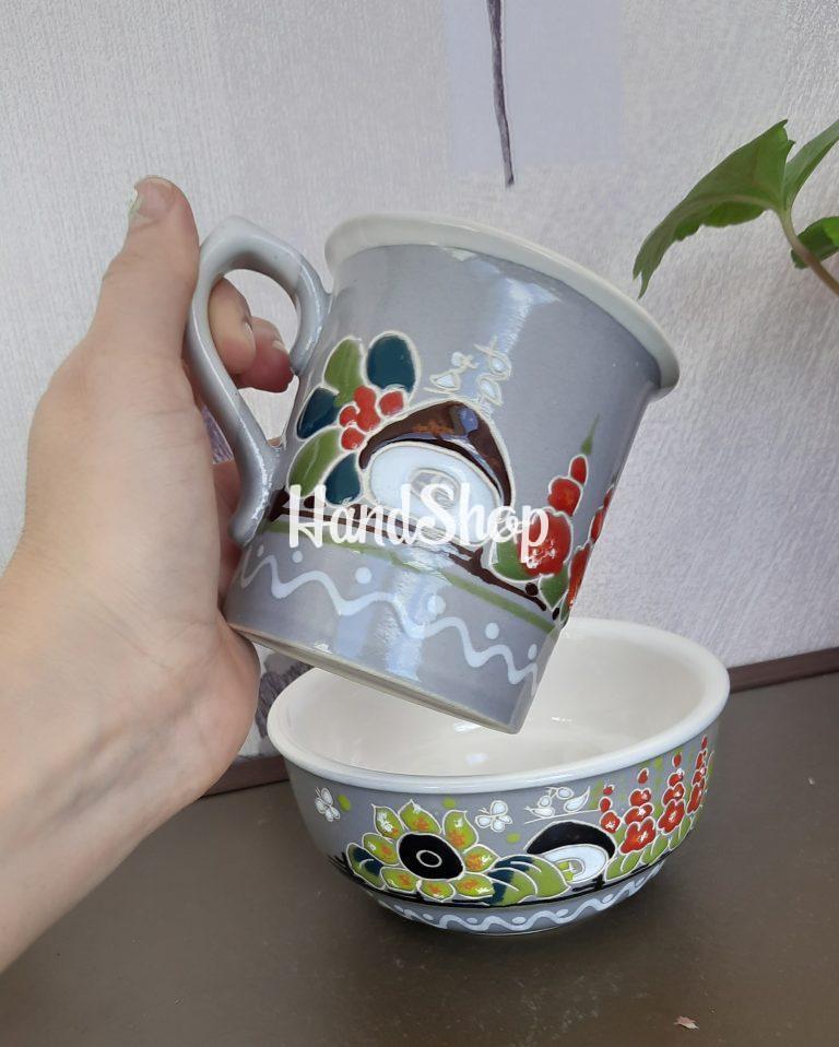 Чашка + Миска цветы мальвы Украина роспись, керамика — фото 4