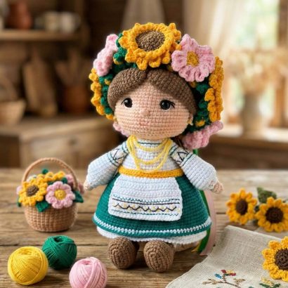Сувенірна в’язана лялька українка віночок польові квіти