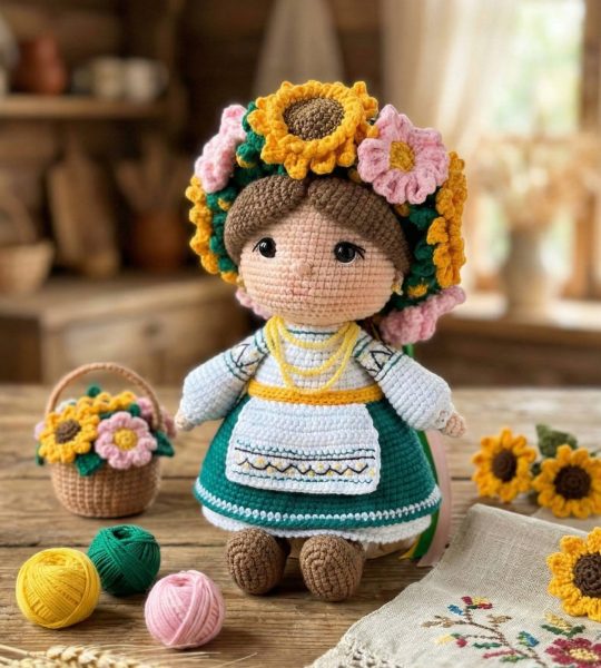 Сувенірна в’язана лялька українка віночок польові квіти