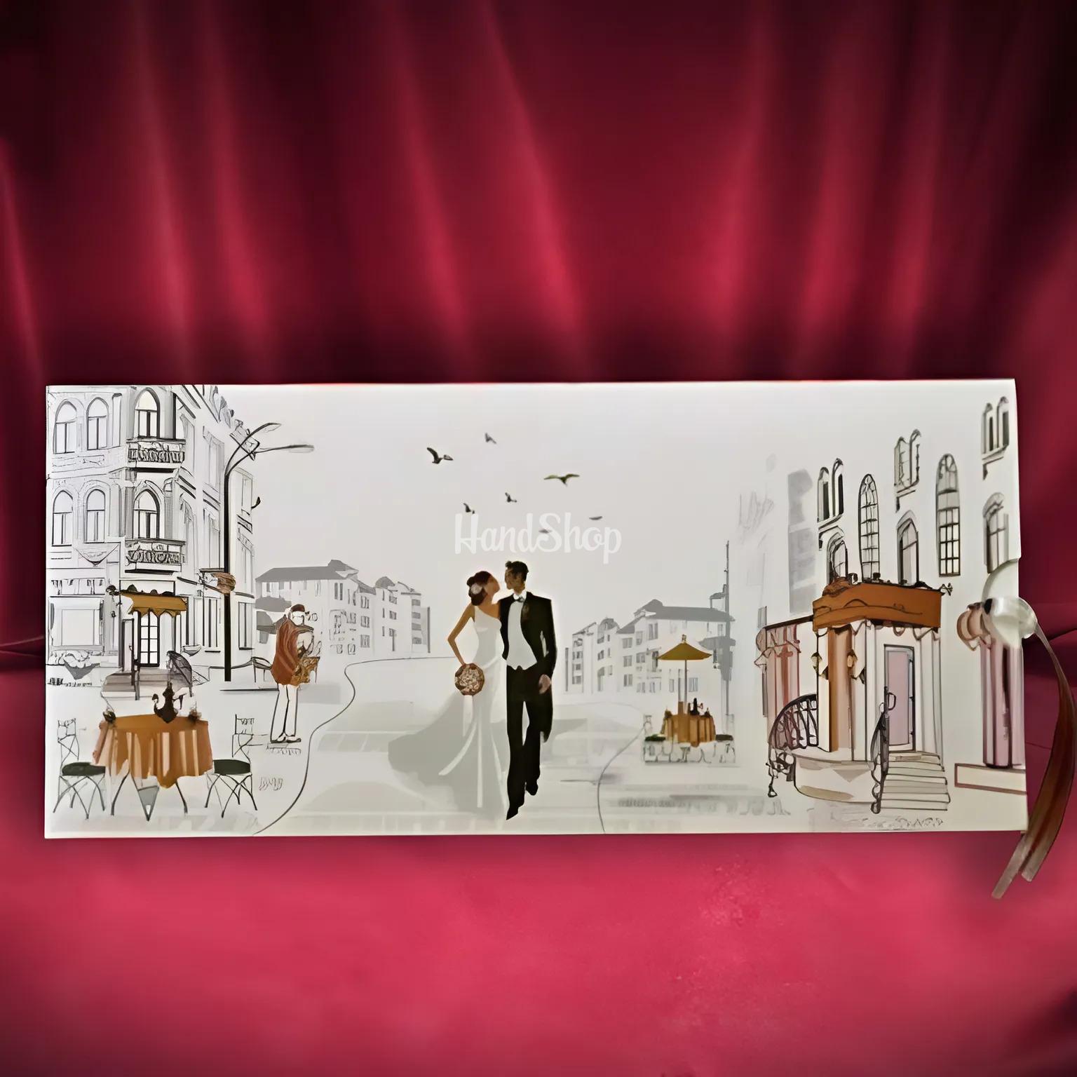 Весільна сувенірна листівка конверт молодята бежева Весільна сувенірна листівка конверт молодята бежева