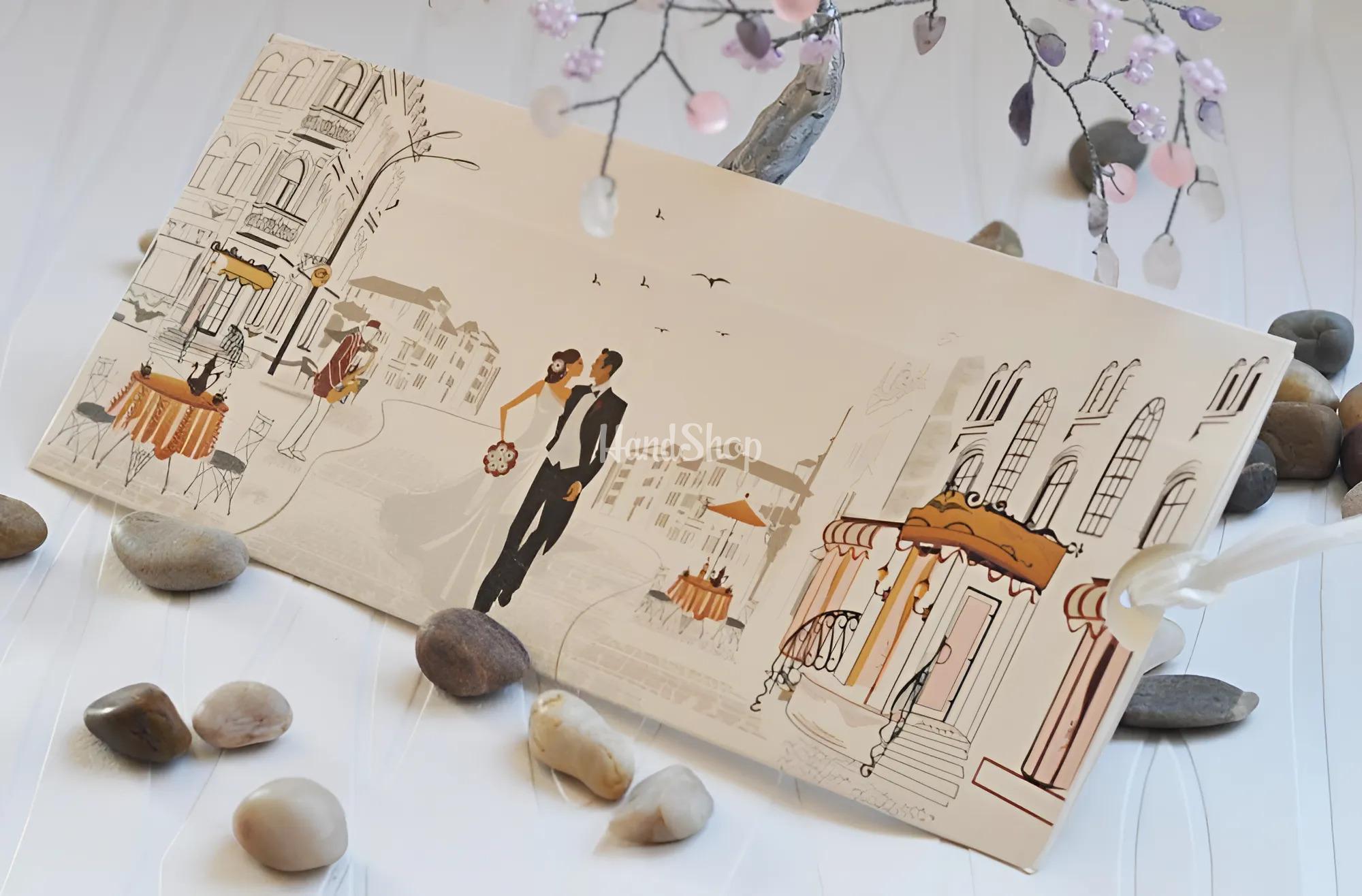 Весільна сувенірна листівка конверт молодята бежева Весільна сувенірна листівка конверт молодята бежева