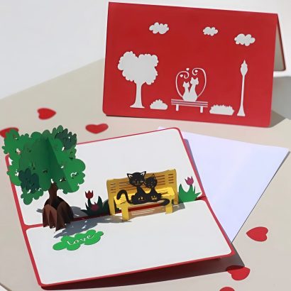 Вітальна листівка валентинка 3d закохана пара коти на лавці