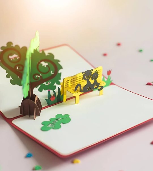 Вітальна листівка валентинка 3d закохана пара коти на лавці