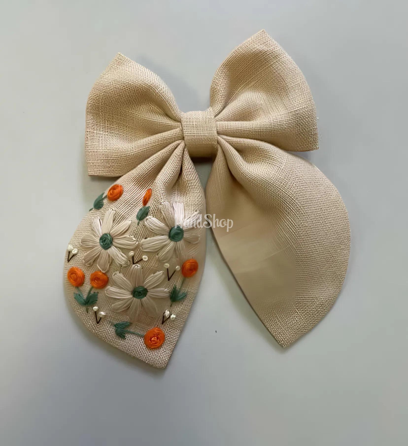Дитячий бант для волосся вишивка польові квіти, льон Дитячий бант для волосся вишивка польові квіти, льон