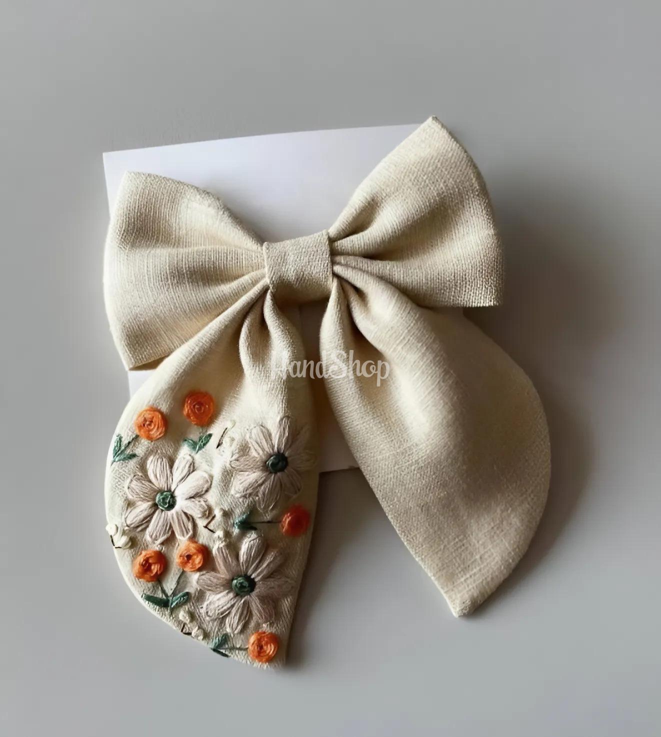Дитячий бант для волосся вишивка польові квіти, льон Дитячий бант для волосся вишивка польові квіти, льон