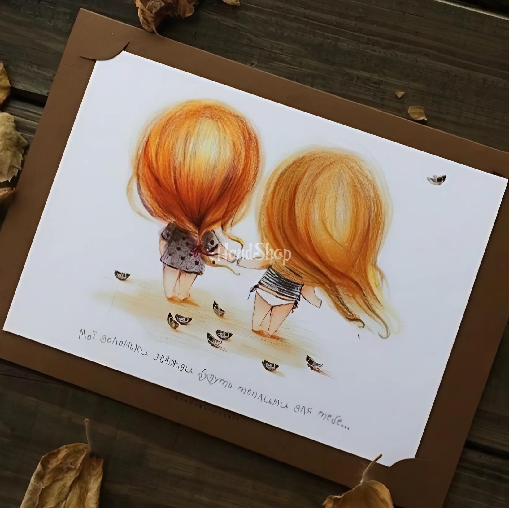 Вітальна листівка дружба дівчаток мальована в конверті Вітальна листівка дружба дівчаток мальована в конверті