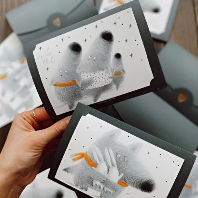 Вітальна зимова листівка «Я люблю нас» вовки сім'я в конверті