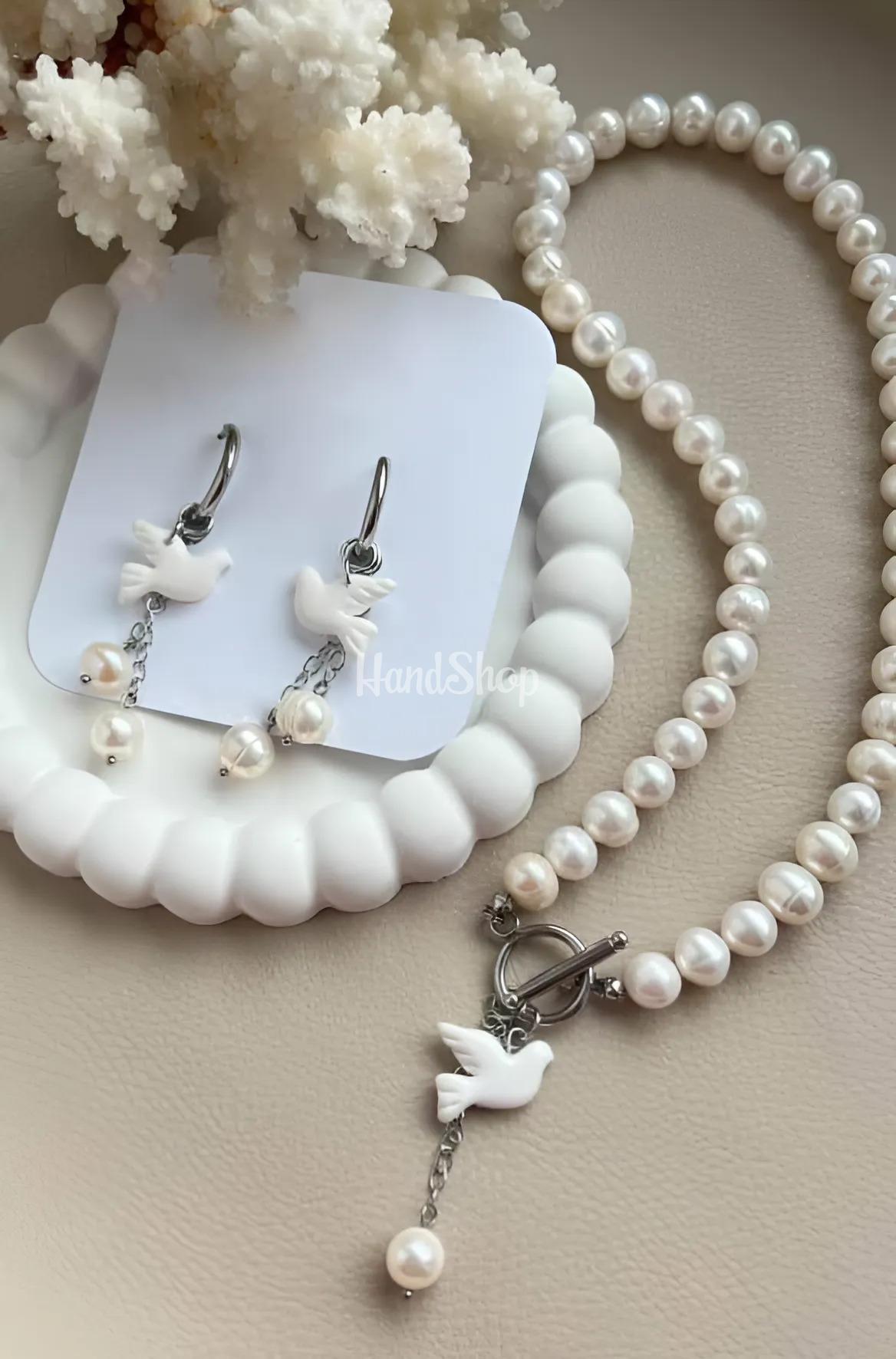Намисто колье та сережки білі голубки глина, річкові перли Намисто колье та сережки білі голубки глина, річкові перли