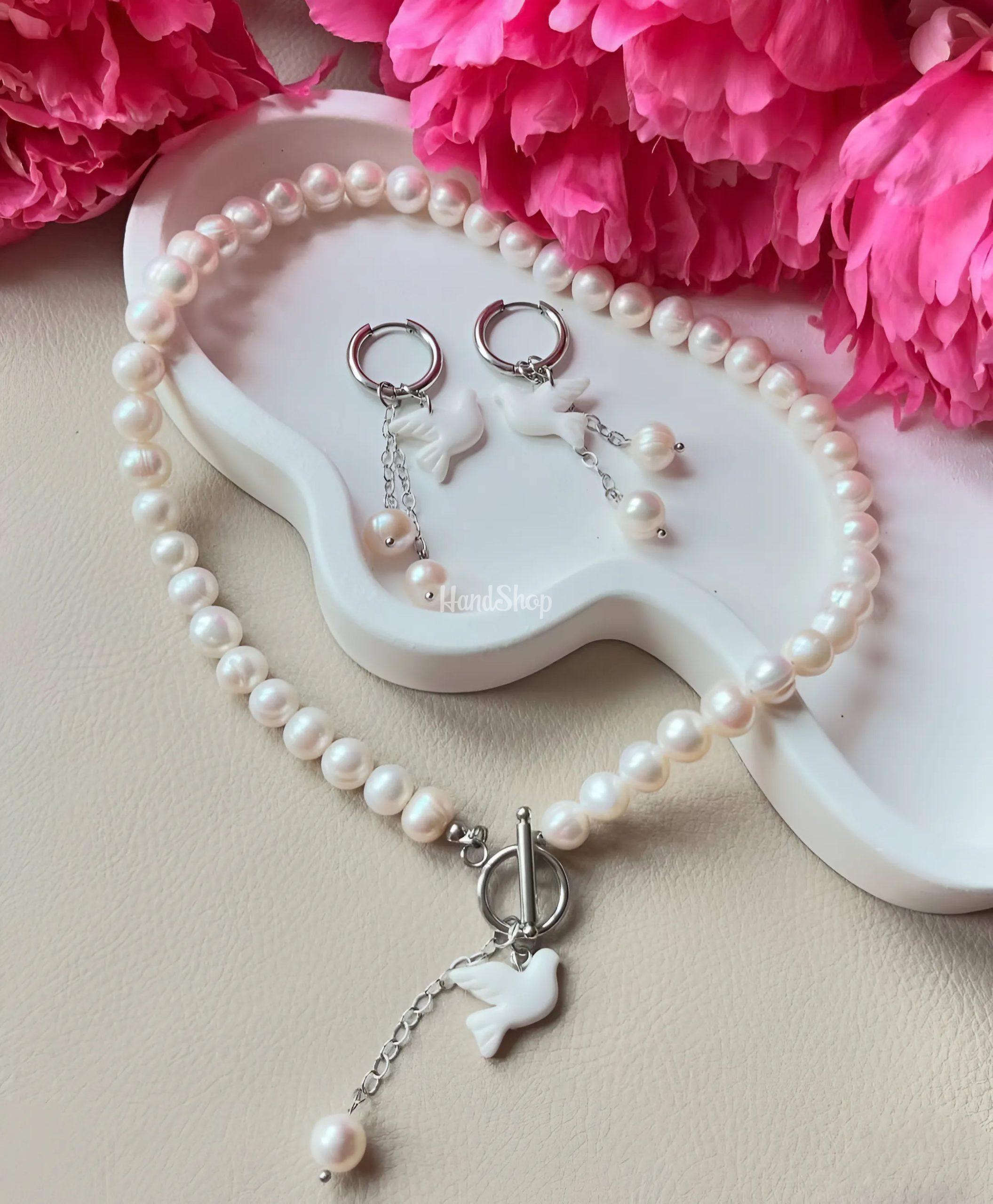 Намисто колье та сережки білі голубки глина, річкові перли Намисто колье та сережки білі голубки глина, річкові перли