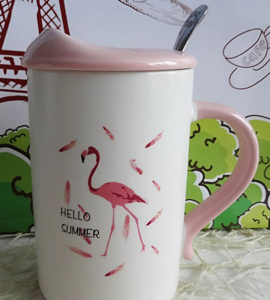 Чашка кераміка з кришкою та ложкою рожевий фламінго 375 мл