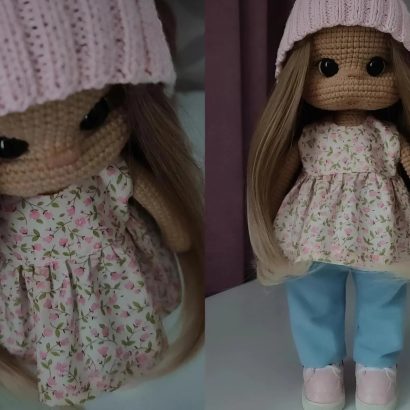 Авторська в’язана велика ігрова лялька з довгим волоссям