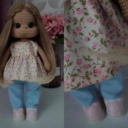Авторська в’язана велика ігрова лялька з довгим волоссям