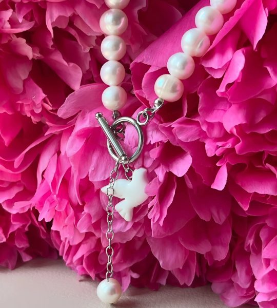 Намисто кольє річкові перли та біла голубка з полімерної глини