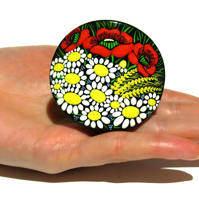 Резинка для волосся дерев'яна польові квіти маки та ромашки