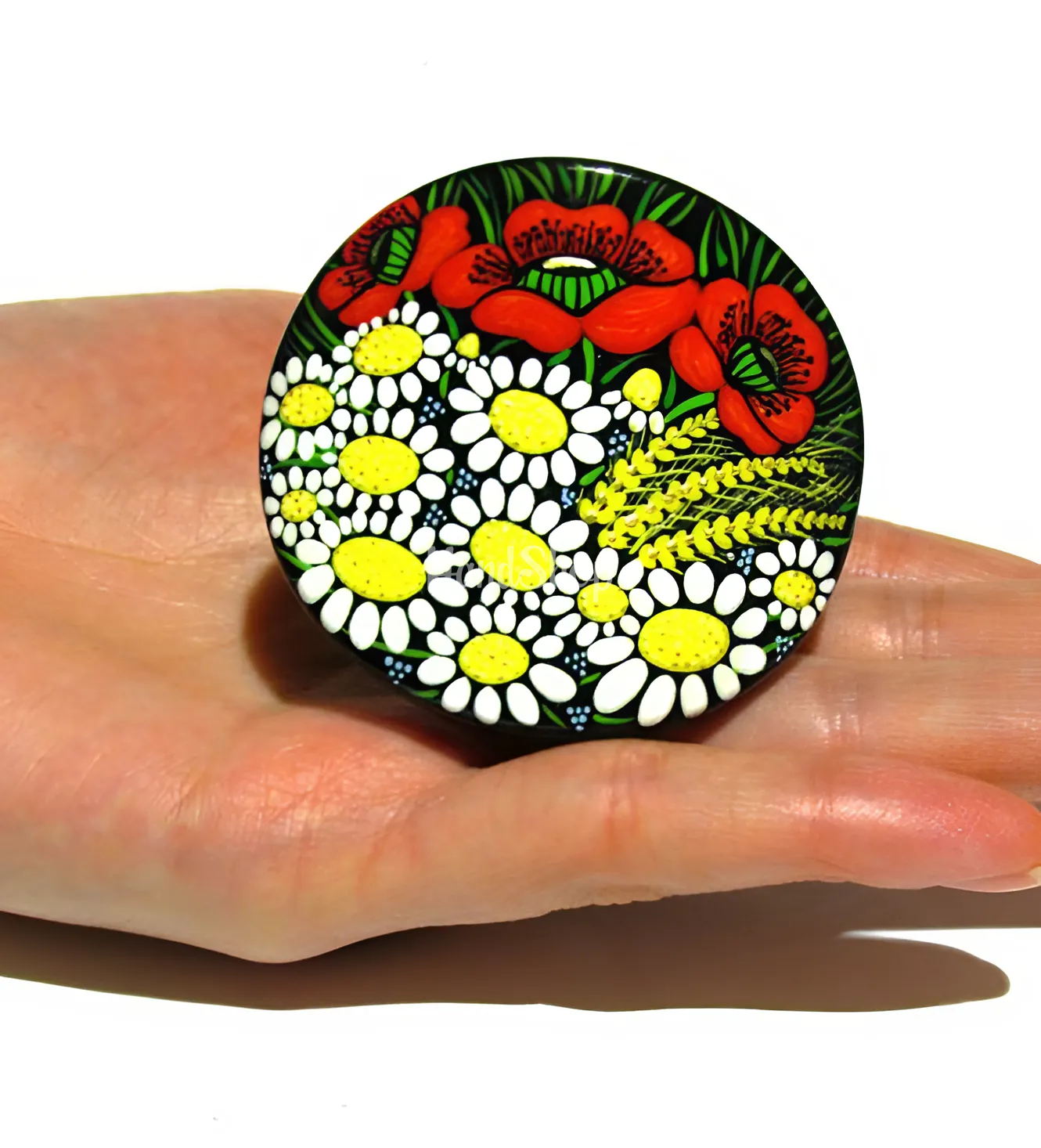 Резинка для волосся дерев'яна польові квіти маки та ромашки Резинка для волосся дерев'яна польові квіти маки та ромашки