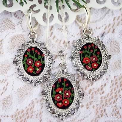 Прикраси зі глини кулон та сережки червоні квіти філігрань
