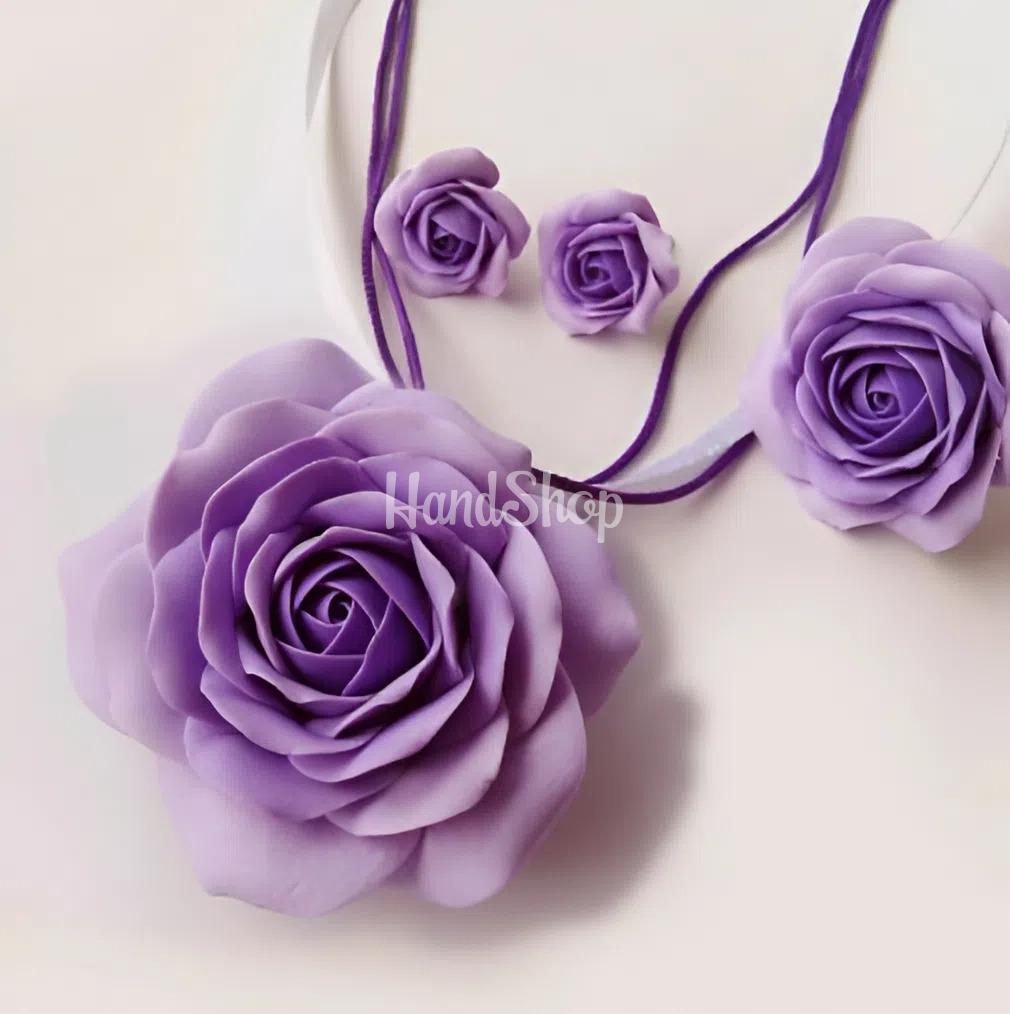 Набір прикрас сережки та колечко лілові троянди глина Набір прикрас сережки та колечко лілові троянди глина