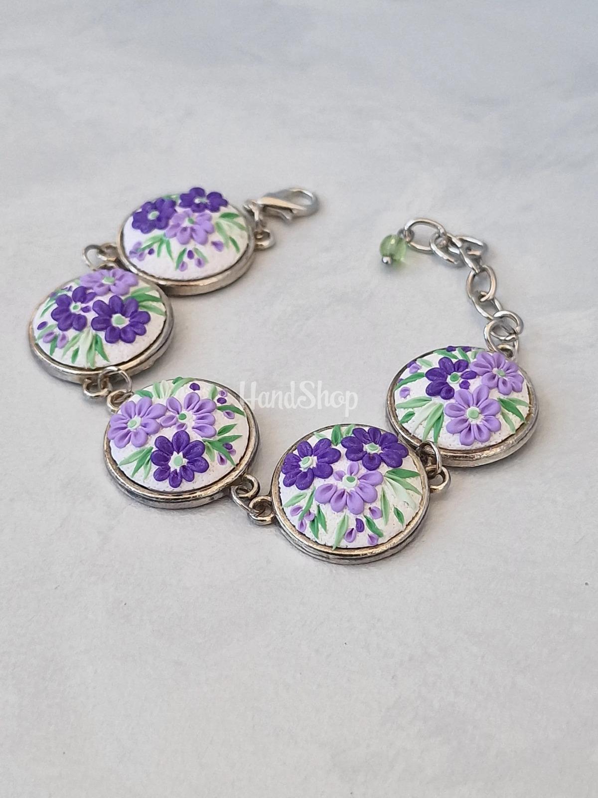 Жіночий літній браслет фіолетові квіти філігрань глина Жіночий літній браслет фіолетові квіти філігрань глина