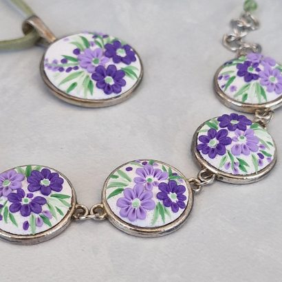 Жіночий літній браслет фіолетові квіти філігрань глина