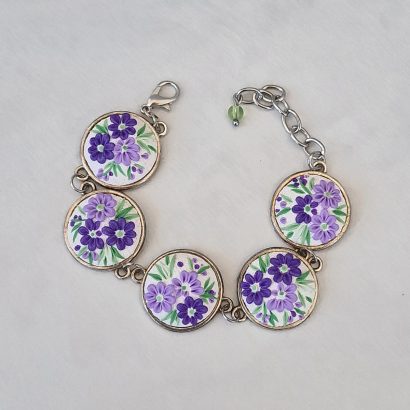 Жіночий літній браслет фіолетові квіти філігрань глина