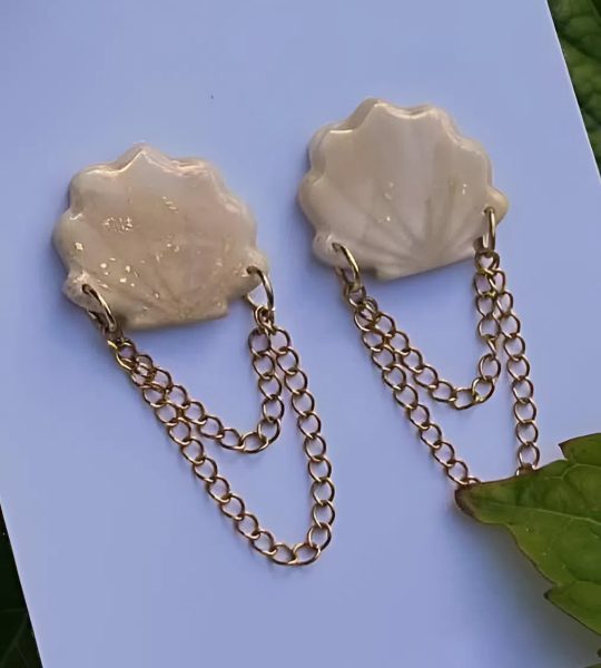 Авторські жіночі літні морські сережки мушля з ланцюжком