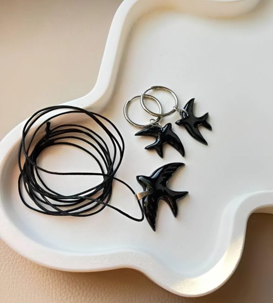 Набір прикрас сережки та кулон чорні ластівки глина на шнурі
