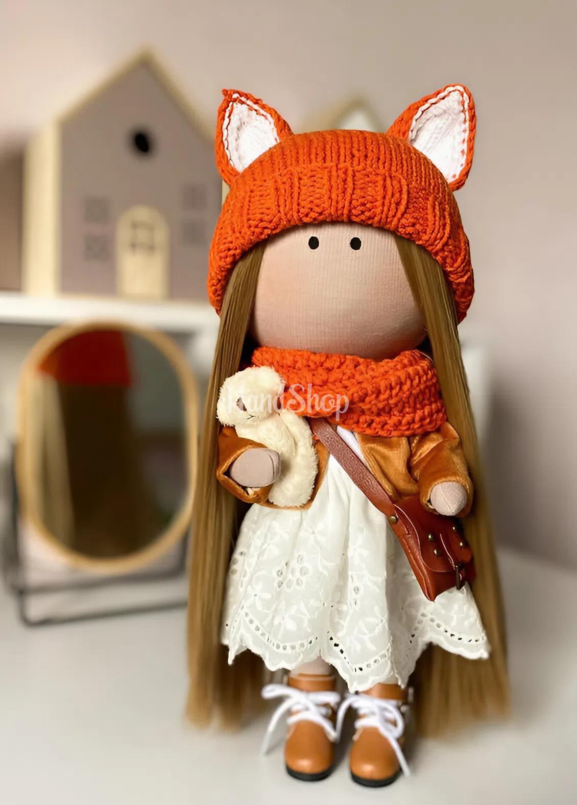 Ігрова текстильна сувенірна лялька руда лисичка в шапочці Ігрова текстильна сувенірна лялька руда лисичка в шапочці