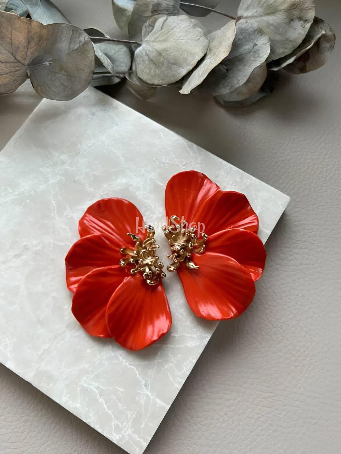 Жіночі сережки квітка половинки глина помаранчеві Жіночі сережки квітка половинки глина помаранчеві
