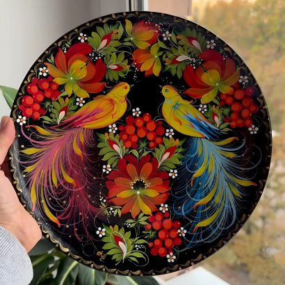 Керамічна тарілка панно петриківський розпис пташки