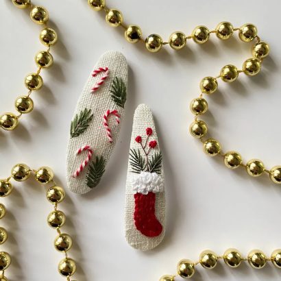 Різдвяні заколки льодяники чобіток, ручна вишивка 2 шт!