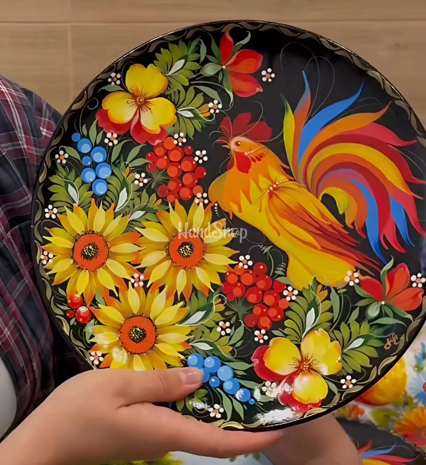 Керамічна тарілка панно петриківський розпис півник Керамічна тарілка панно петриківський розпис півник