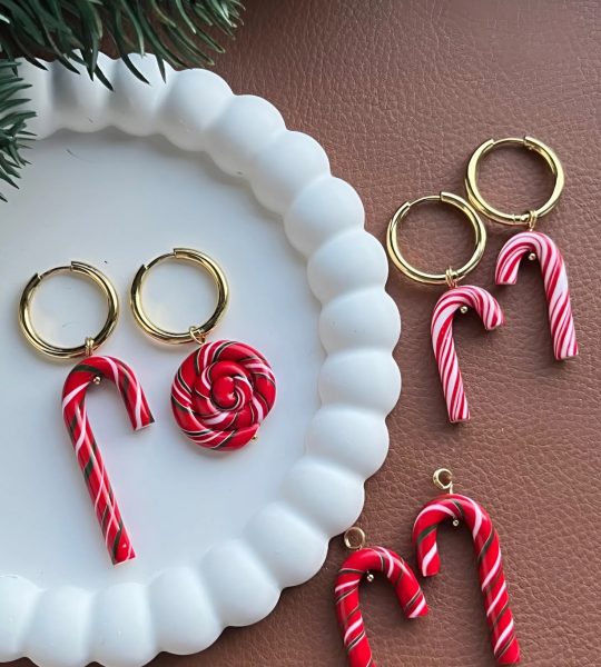 Новорічні сережки льодяники червоні тростинки глина 2026