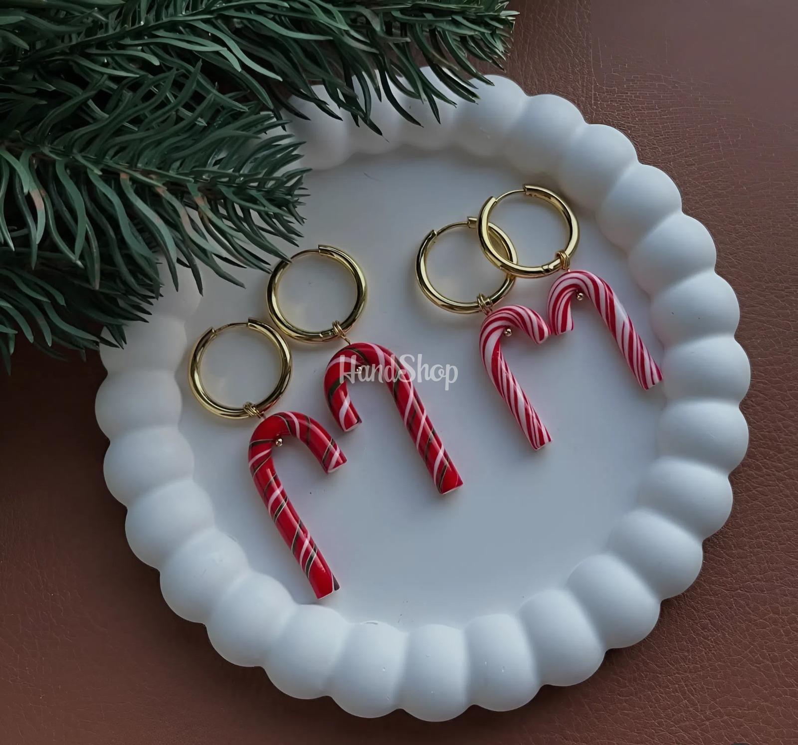 Новорічні сережки льодяники червоні тростинки глина 2026 Новорічні сережки льодяники червоні тростинки глина 2026