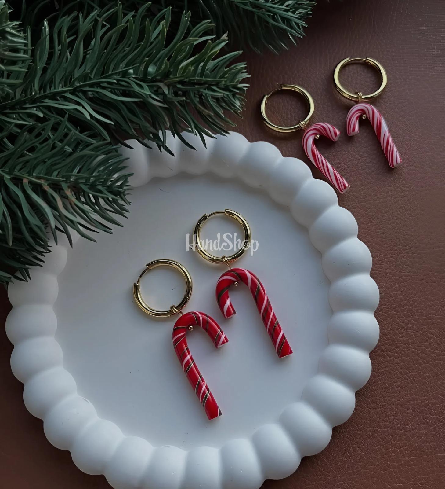 Новорічні сережки льодяники червоні тростинки глина 2026 Новорічні сережки льодяники червоні тростинки глина 2026