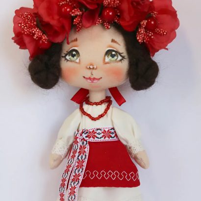Сувенірна лялька україночка у сукні з червоним віночком