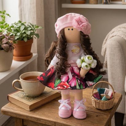 Ігрова лялька тільда з кудрявим довгим волоссям з квітами