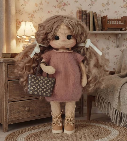 Авторська в'язана велика ігрова лялька кудряшка Louis Vuitton