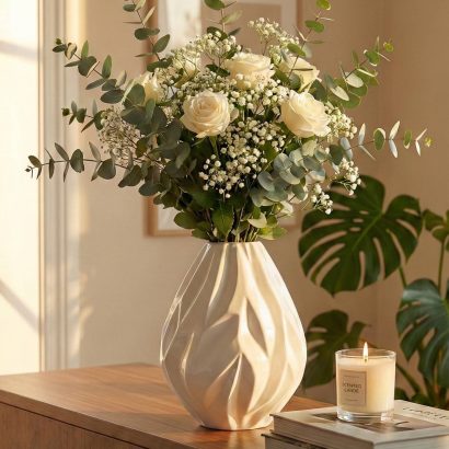 Велика об'ємна ваза для квітів в білому кольорі, фарфор