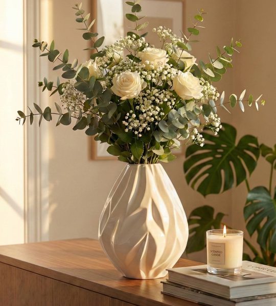 Велика об'ємна ваза для квітів в білому кольорі, фарфор