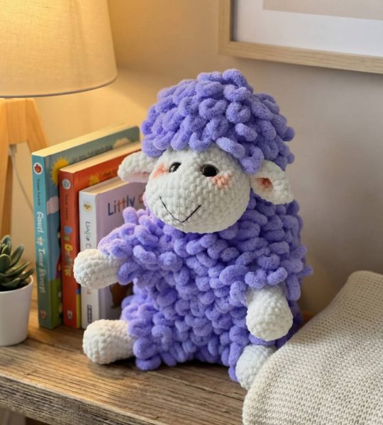 Велика дитяча в’язана іграшка гачком фіолетова вівця