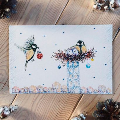 Хендмейд открытка с птичками на новый год