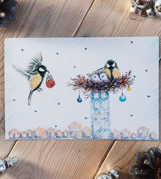 Хендмейд открытка с птичками на новый год