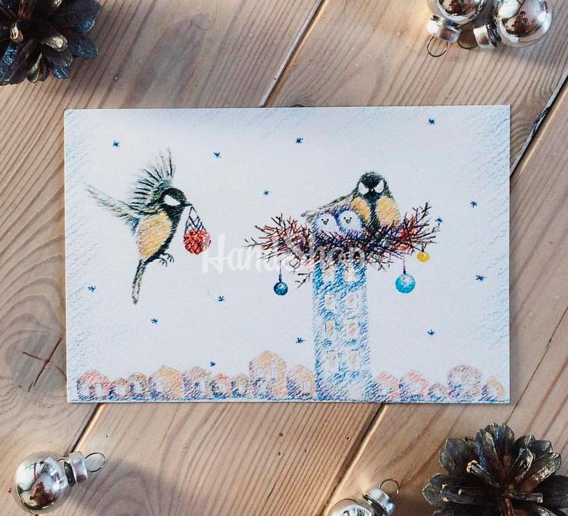 Хендмейд открытка с птичками на новый год Хендмейд открытка с птичками на новый год