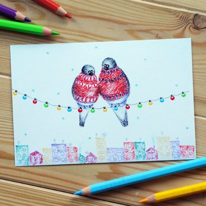 Новогодняя открытка снегири 2023 авторская