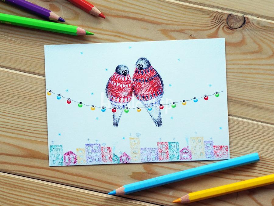 Новогодняя открытка снегири 2023 авторская Новогодняя открытка снегири 2023 авторская