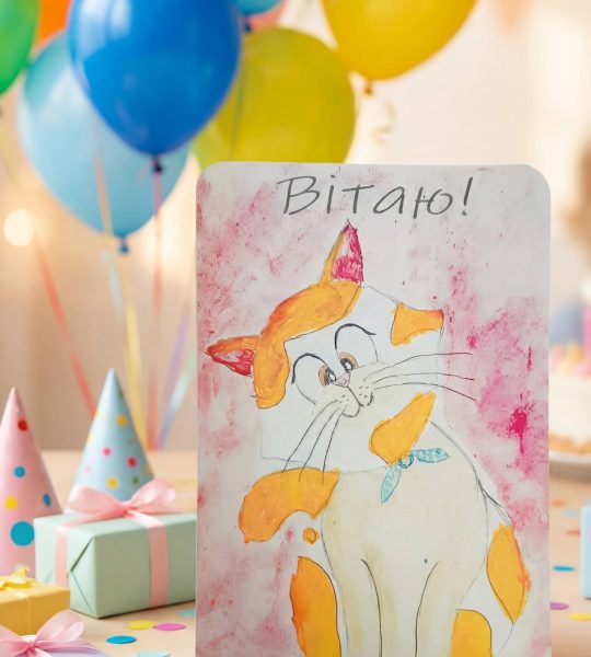 Вітальна дитяча листівка з днем народження мальована котик